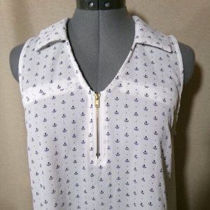 U STYLE Sleeveless V-neck Blouse 1/2 zipup Anchors print Crepe front Collar Top